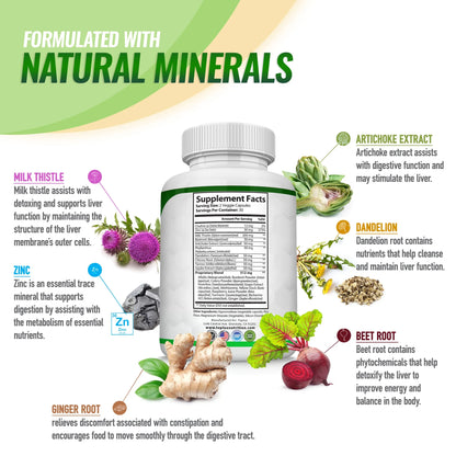 Detox Liver Cleanse Supplement Support Liver & Body Detox Milk Thistle Artichoke Extract Dandelion Root, 25+ Herbs 60 Capsules